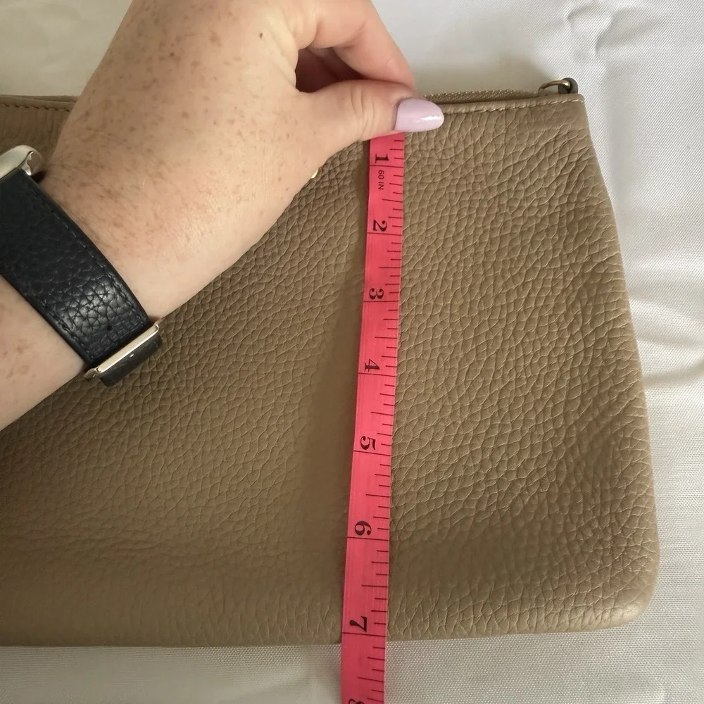 Gigi New York Taupe Tan Pebbled Leather Tassel Clutch Zip Top Pouch Gold
